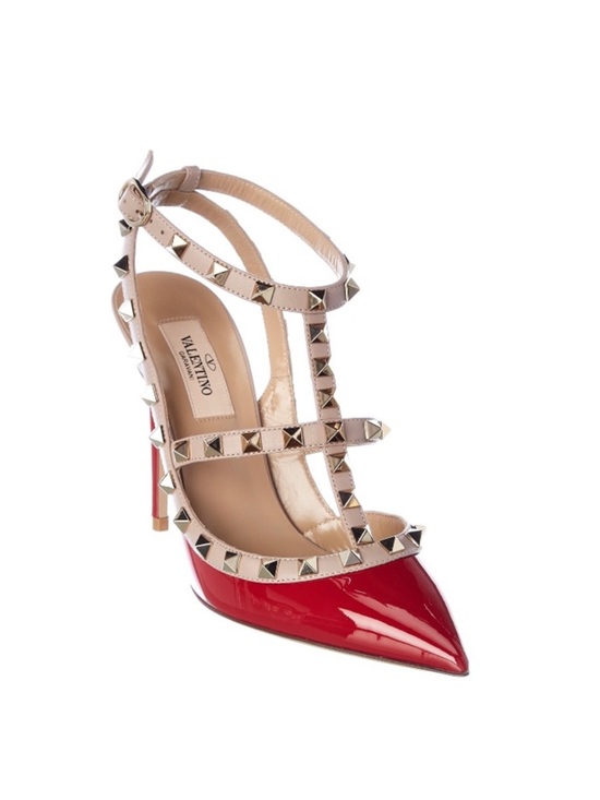 Valentino Shoes - Valentino Red Patent Leather Rockstud T-Strap Pump with Nude Straps
